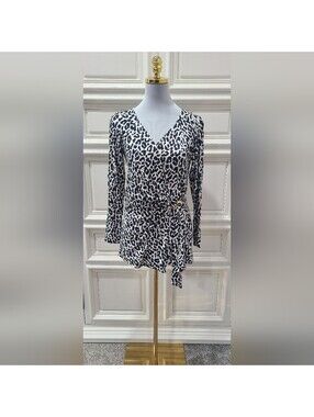 Cache Wrap Top Animal Print White And Black Size M